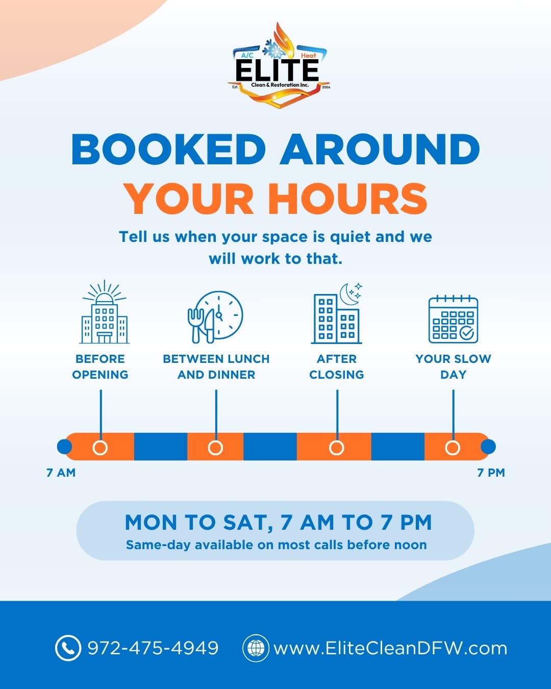 Commercial HVAC scheduled around your business hours, Mon to Sat Commercial HVAC scheduled around your business hours, Mon to Sat