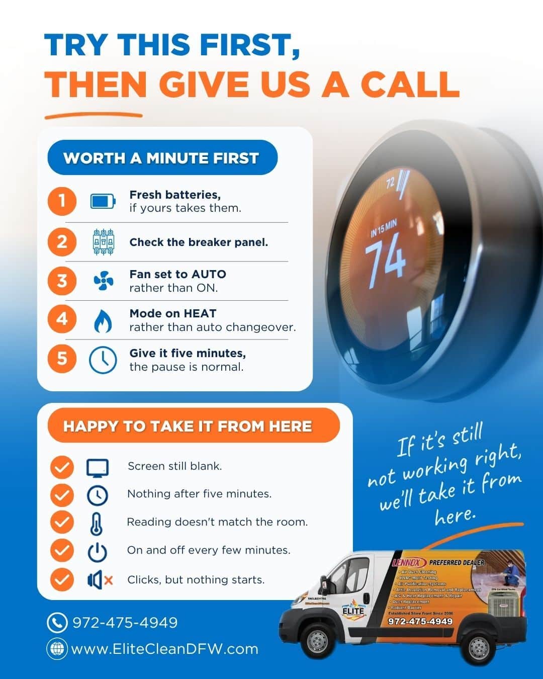 Thermostat Troubleshooting: Try This First Five quick thermostat checks to try before calling, plus signs it’s time for Elite Clean & Restoration to take over.